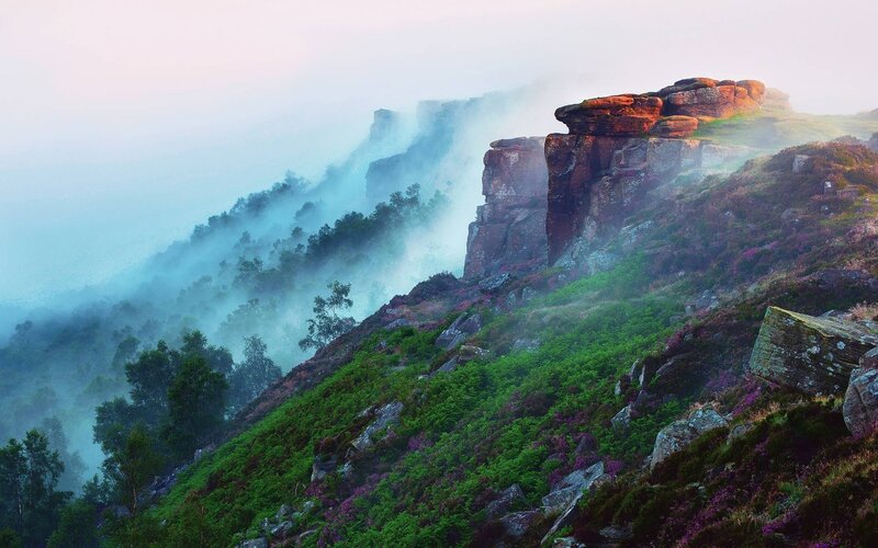 Rocky Cliff with Mist — Green, Serene, Morning