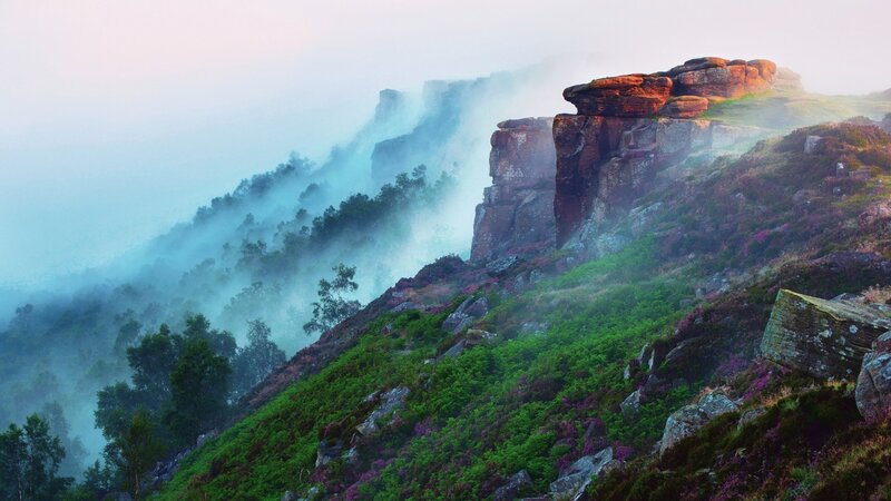 Rocky Cliff with Mist — Green, Serene