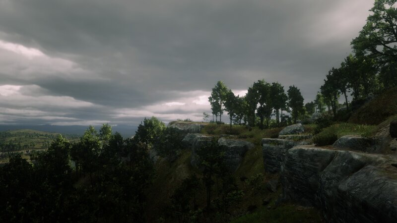 Rocky Cliff with Trees — Gray, Overcast