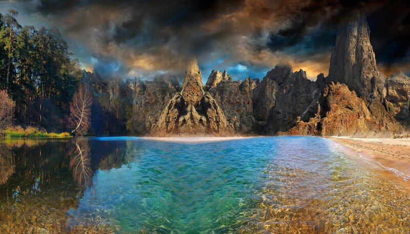 Rocky Cliffs by Lake — Blue, Dramatic
