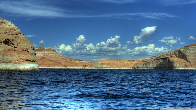 Rocky Cliffs by Lake — Blue, Serene