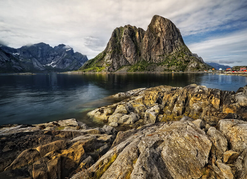 Rocky coast with mountain view