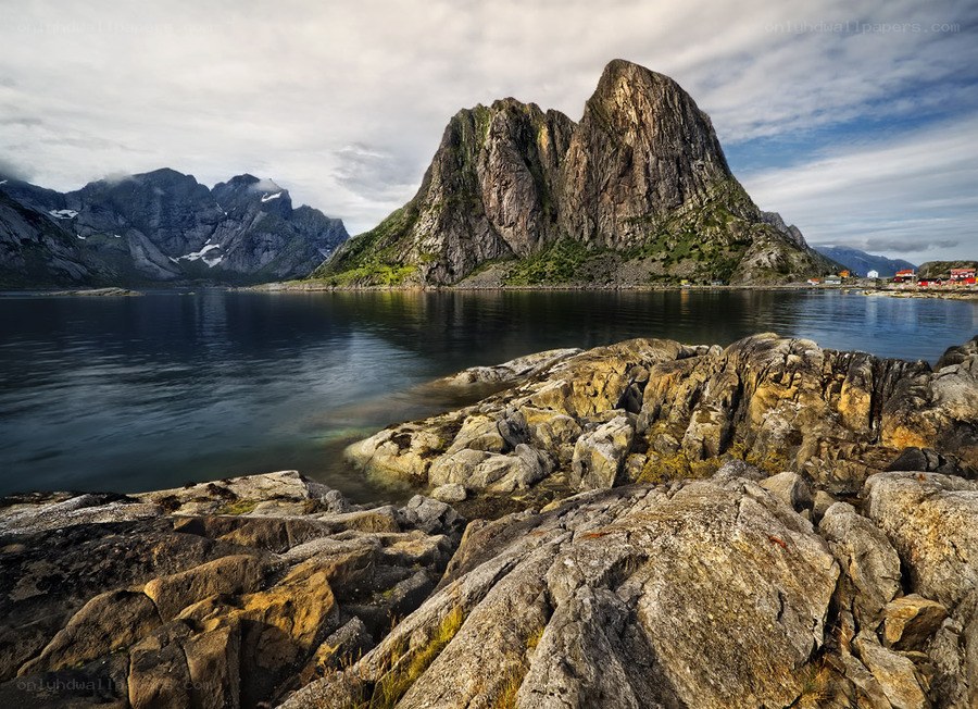 Rocky coast with mountain view