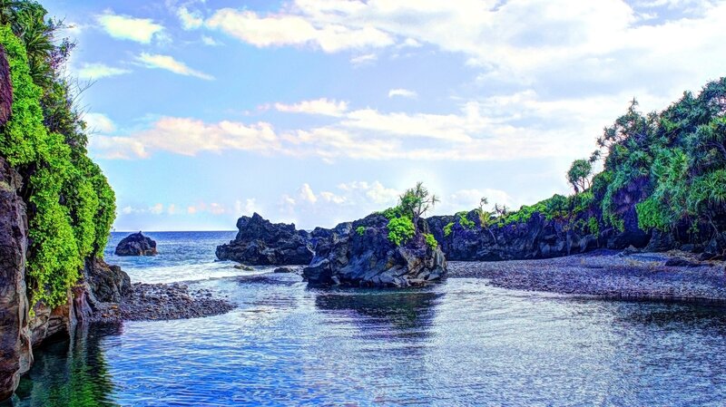 Rocky Coastal Inlet — Blue, Serene, Afternoon, Photograph, Rocks