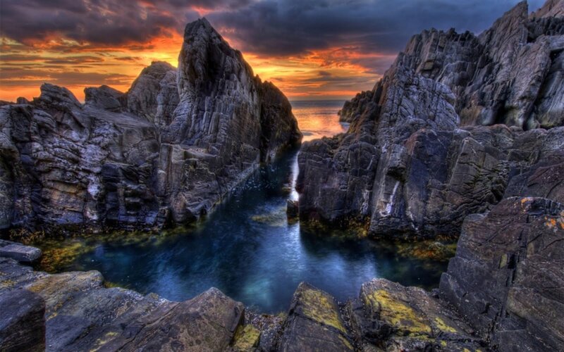 Rocky Coastal Inlet — Orange, Dramatic, Sunset, Photograph
