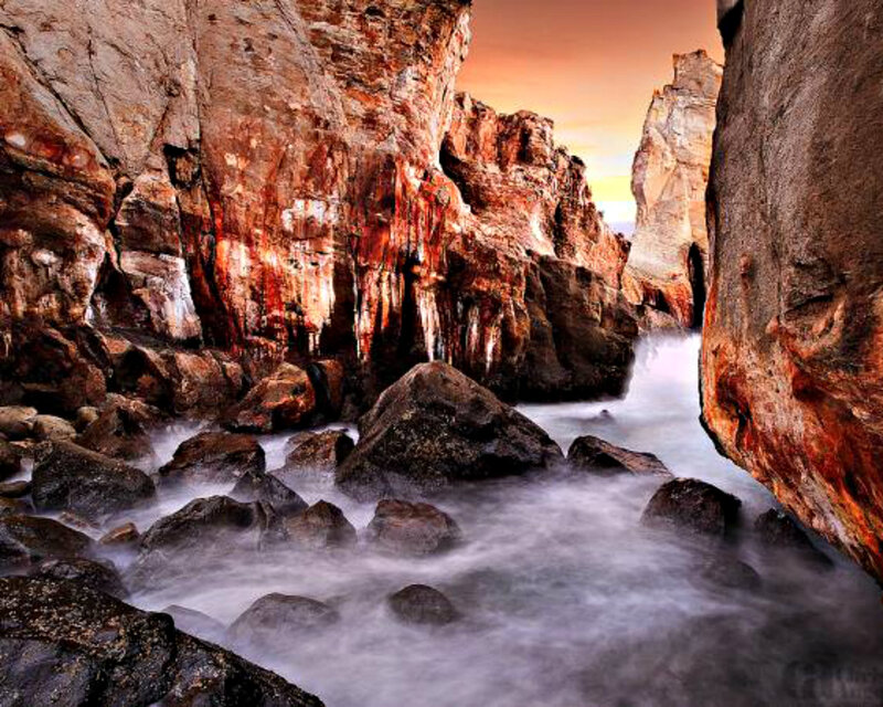 Rocky Coastal Inlet — Orange, Dramatic, Sunset