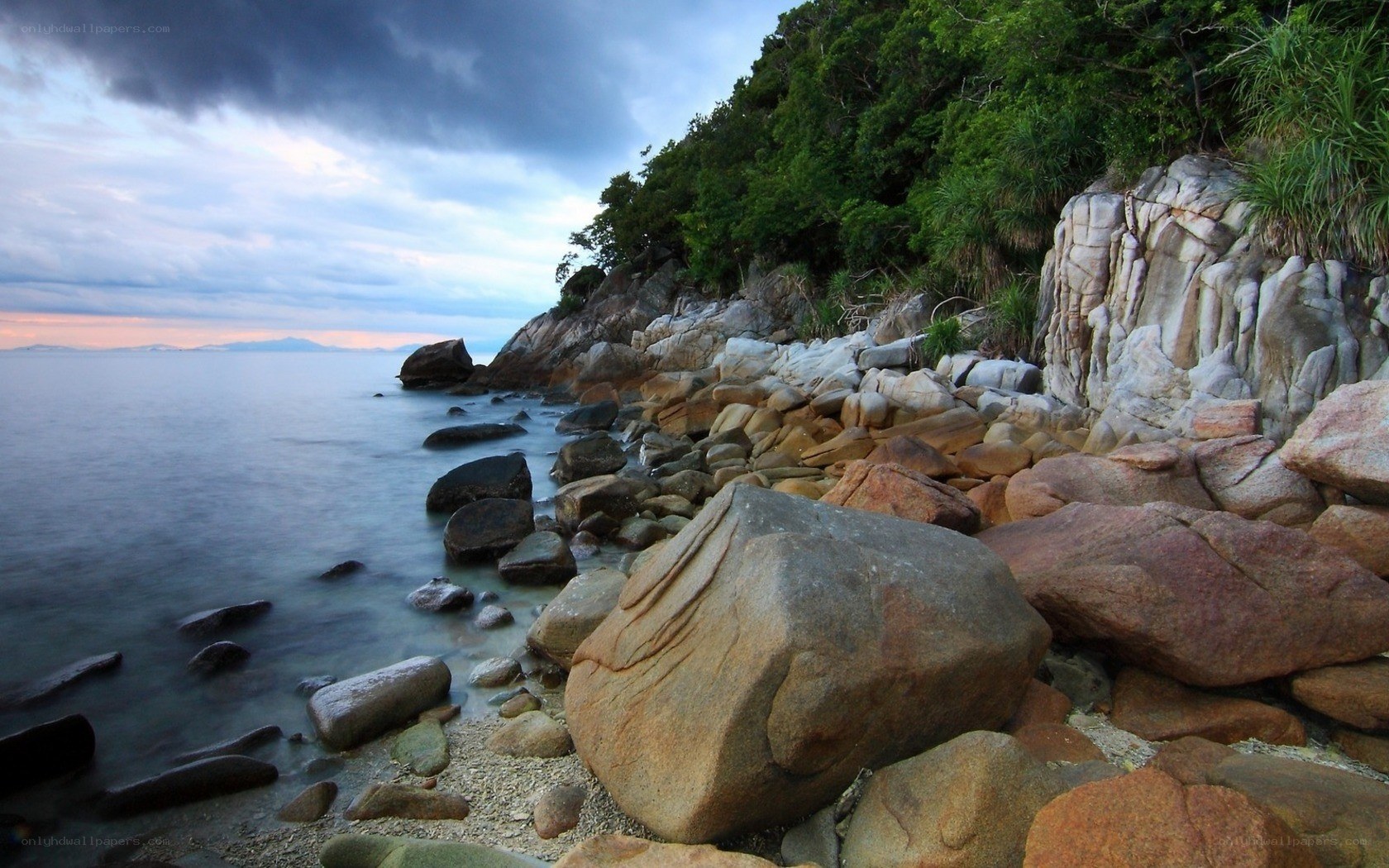 Rocky coastline at dusk