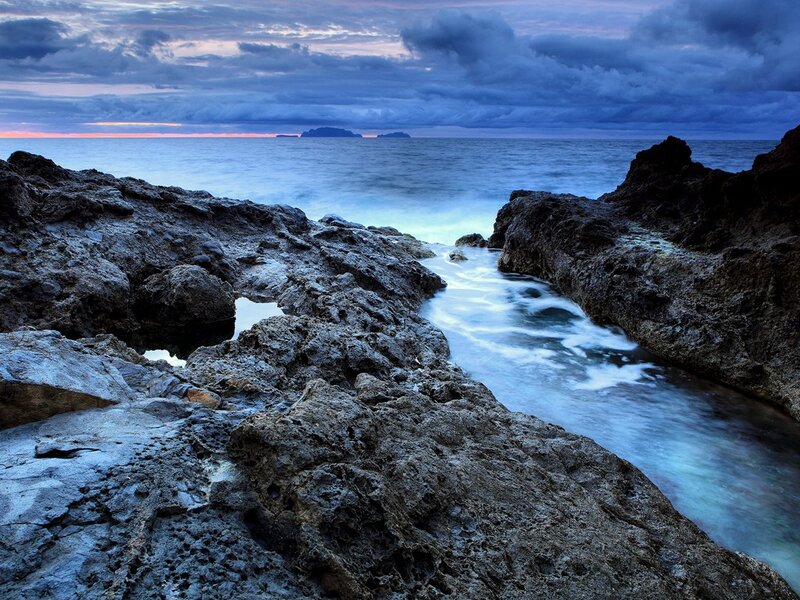 Rocky coastline at dusk