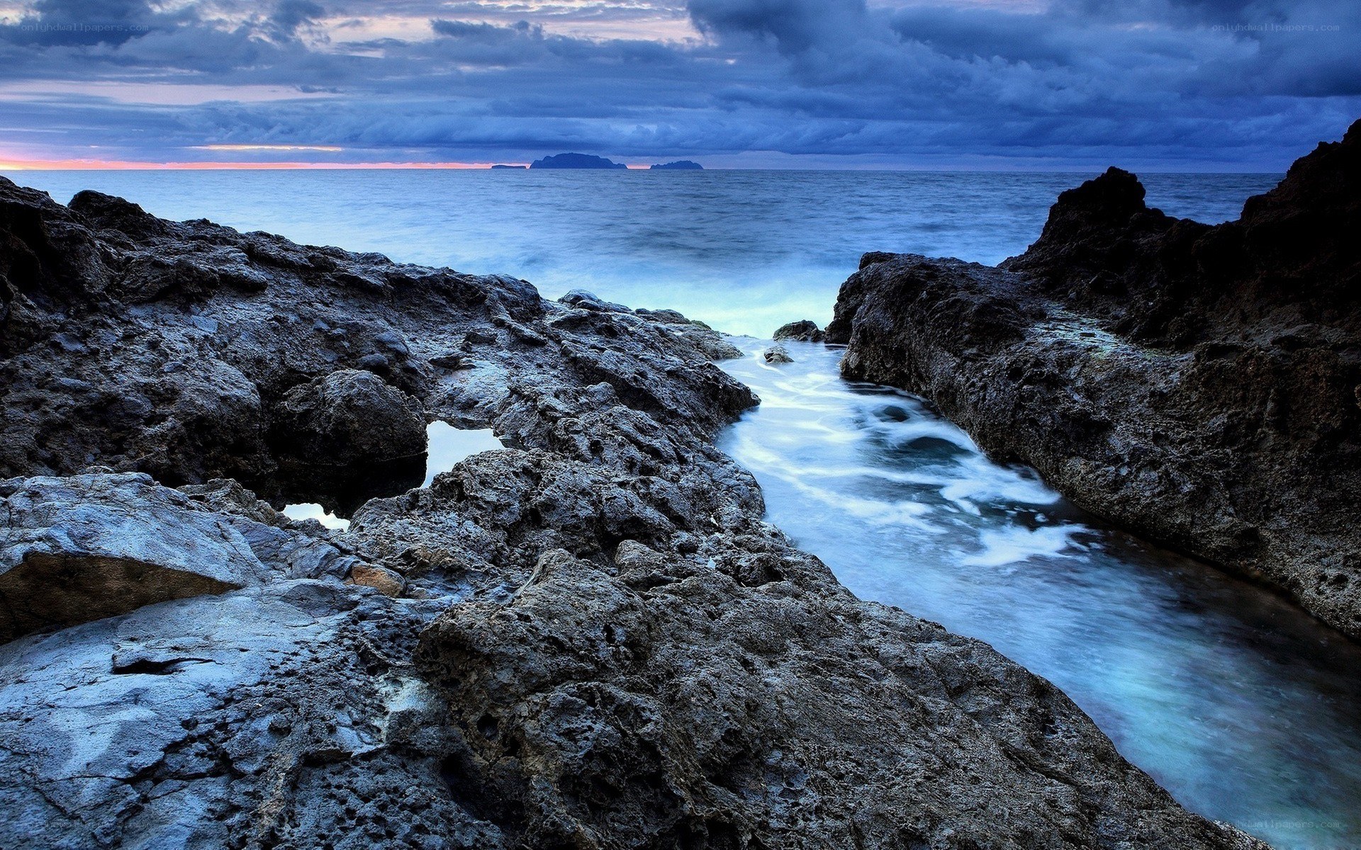 Rocky coastline at dusk