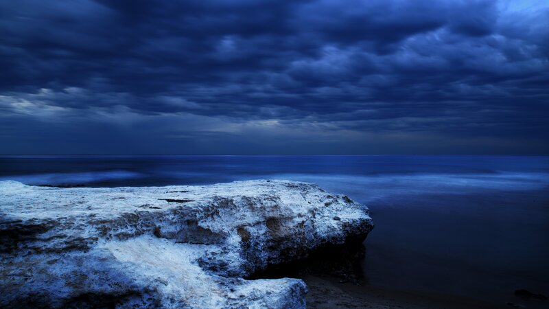 Rocky Coastline at Dusk — Blue, Dramatic, Night, Photograph, Ocean, Clouds