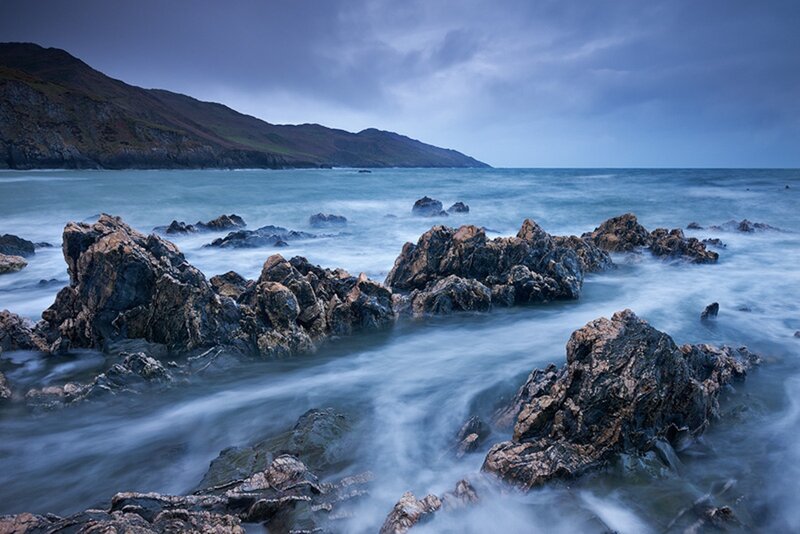 Rocky Coastline at Dusk — Blue, Dramatic, Night, Photograph, Rocks, Ocean, Mountain