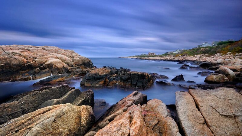 Rocky Coastline at Dusk — Blue, Dramatic, Night, Photograph, Rocks, Ocean, Sky