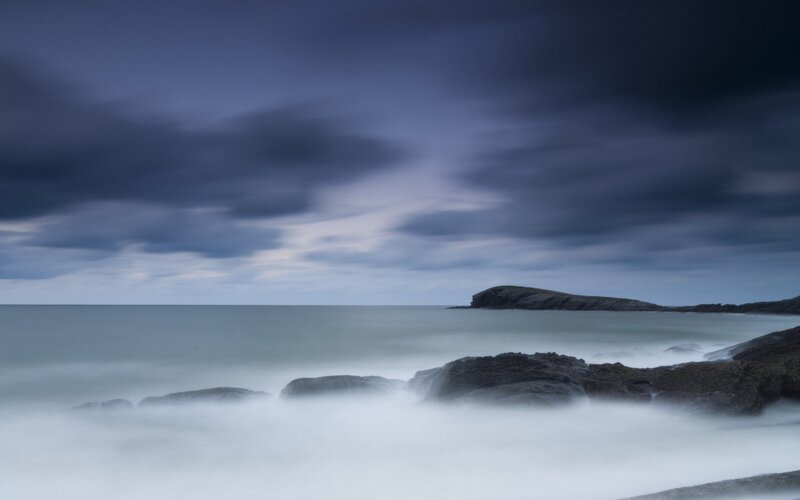 Rocky Coastline at Dusk — Blue, Dramatic, Night, Photograph, Rocks, Sea, Clouds, Gray