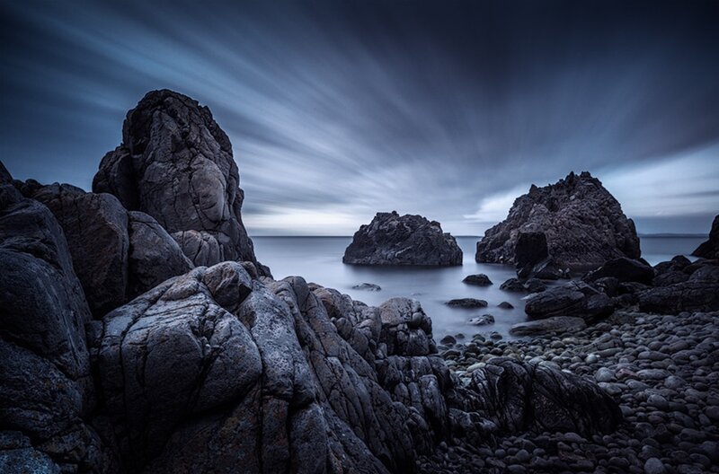 Rocky Coastline at Dusk — Blue, Dramatic, Night, Photograph, Rocks, Sea, Sky