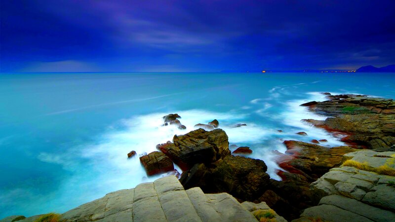 Rocky Coastline at Dusk — Blue, Dramatic, Night, Photograph, Rocks