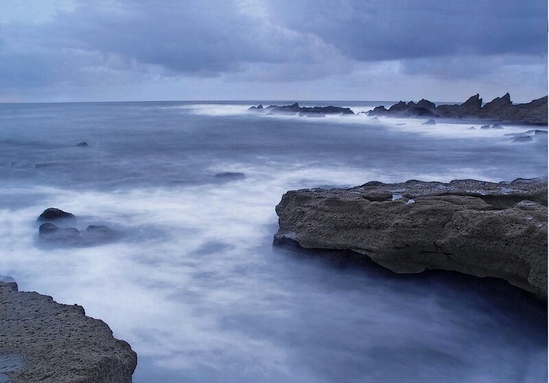 Rocky Coastline at Dusk — Blue, Dramatic, Night, Photograph