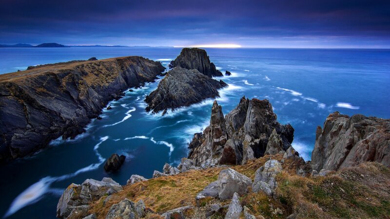 Rocky Coastline at Dusk — Blue, Dramatic, Sunset, Photograph, Ocean, Cliffs