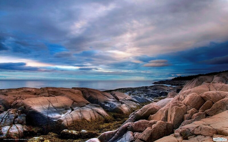 Rocky Coastline at Dusk — Blue, Dramatic, Sunset, Photograph, Ocean, Clouds, Rocks