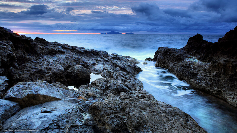 Rocky Coastline at Dusk — Blue, Dramatic, Sunset, Photograph, Ocean, Clouds