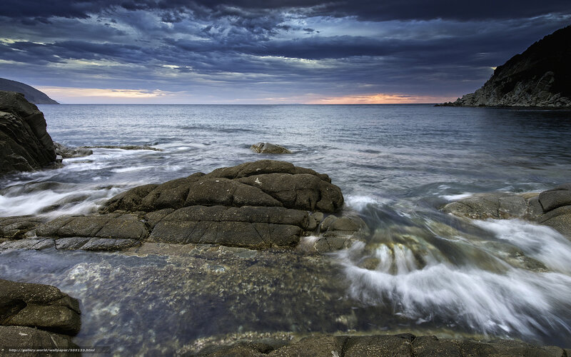 Rocky Coastline at Dusk — Blue, Dramatic, Sunset, Photograph, Ocean, Rocks, Clouds