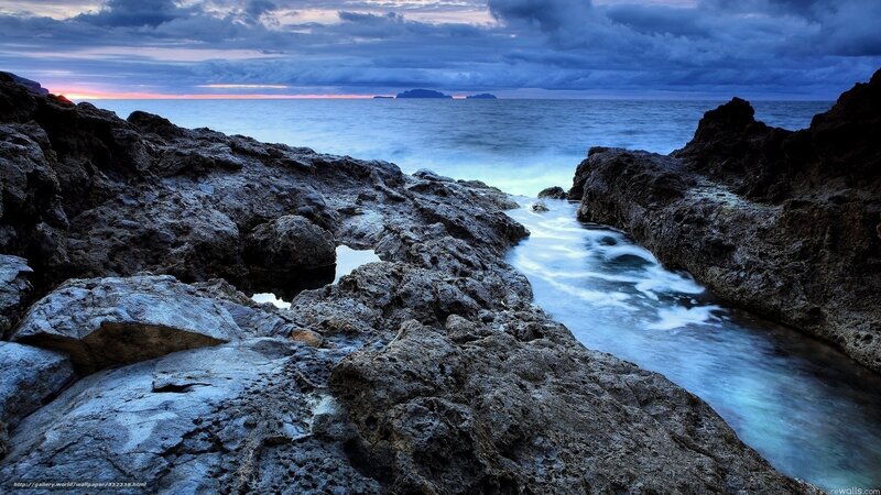 Rocky Coastline at Dusk — Blue, Dramatic, Sunset, Photograph, Ocean, Sky, Island