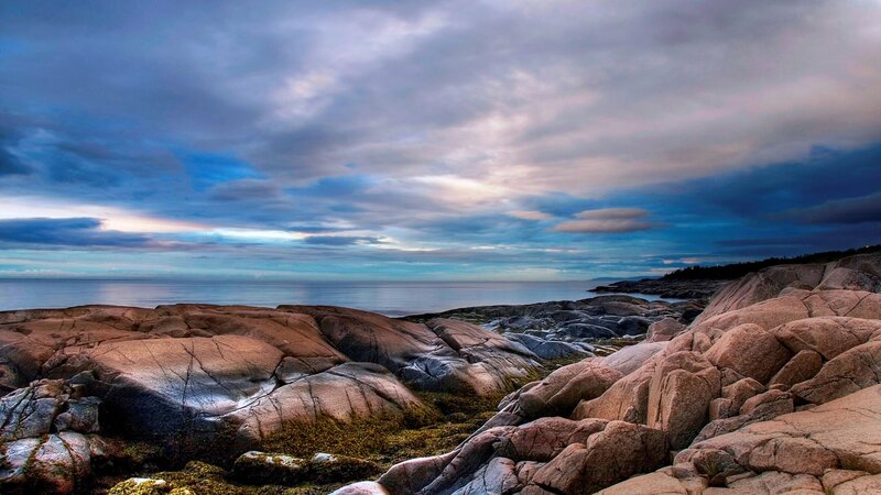 Rocky Coastline at Dusk — Blue, Dramatic, Sunset, Photograph, Ocean, Sky