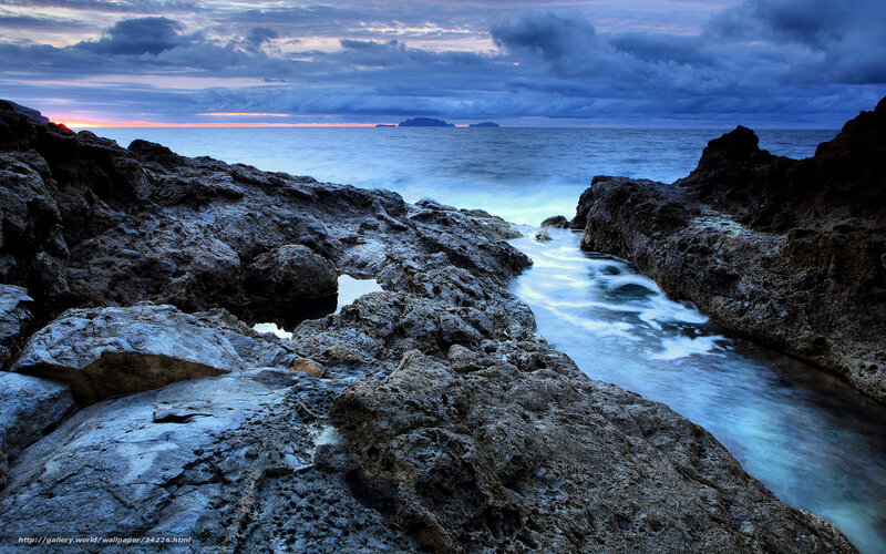 Rocky Coastline at Dusk — Blue, Dramatic, Sunset, Photograph, Ocean