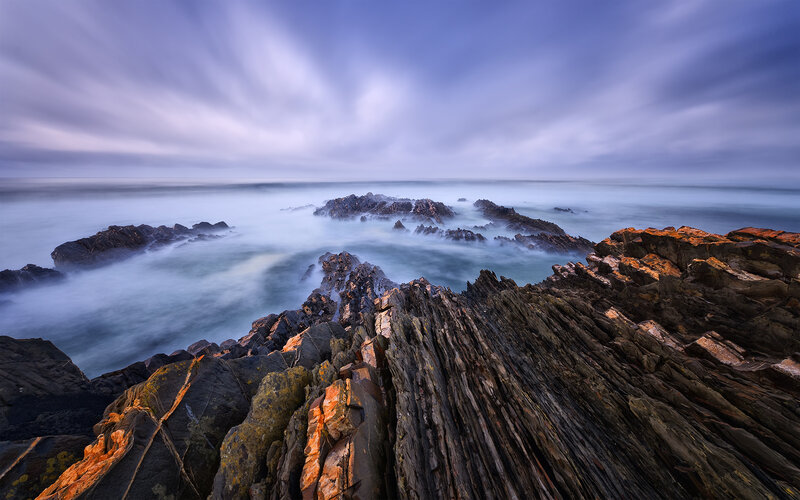 Rocky Coastline at Dusk — Blue, Dramatic, Sunset, Photograph, Rocks, Ocean