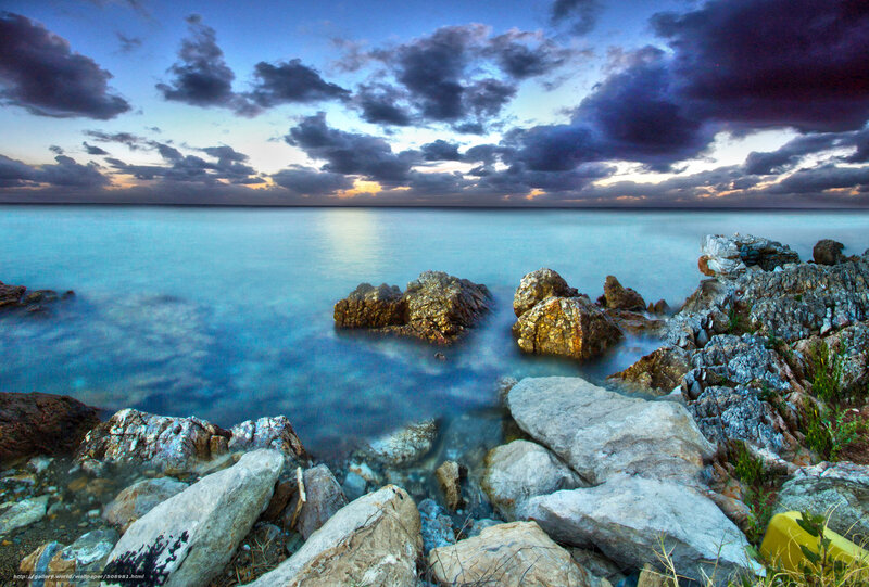 Rocky Coastline at Dusk — Blue, Dramatic, Sunset, Photograph, Rocks, Sea, Clouds, Sky