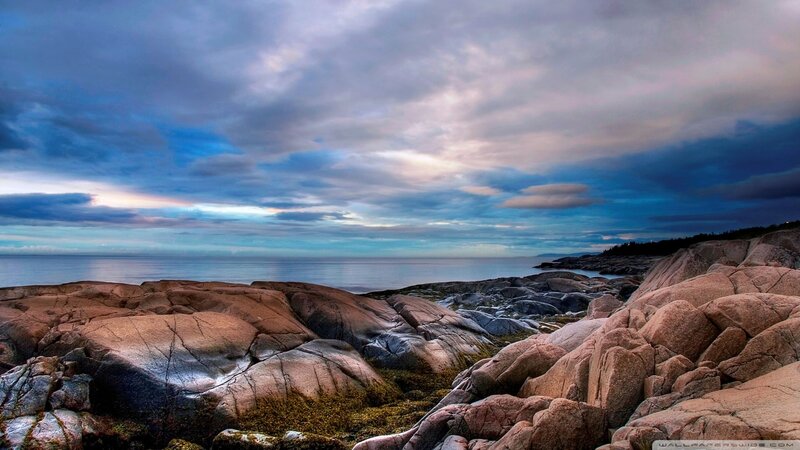 Rocky Coastline at Dusk — Blue, Dramatic, Sunset, Photograph, Rocks