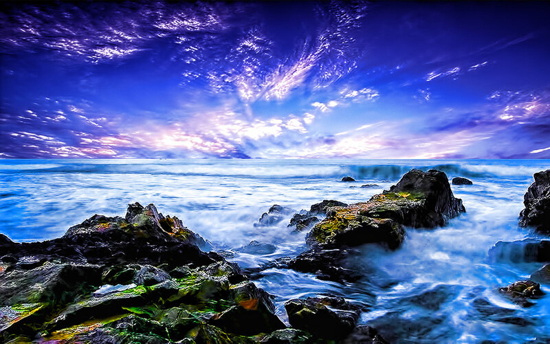 Rocky Coastline at Dusk — Blue, Dramatic, Sunset