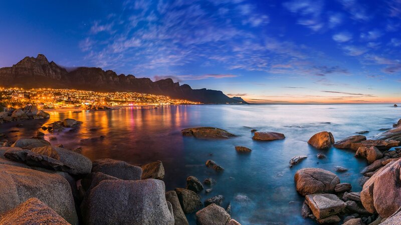 Rocky Coastline at Dusk — Blue, Serene, Night, Photograph, Mountains
