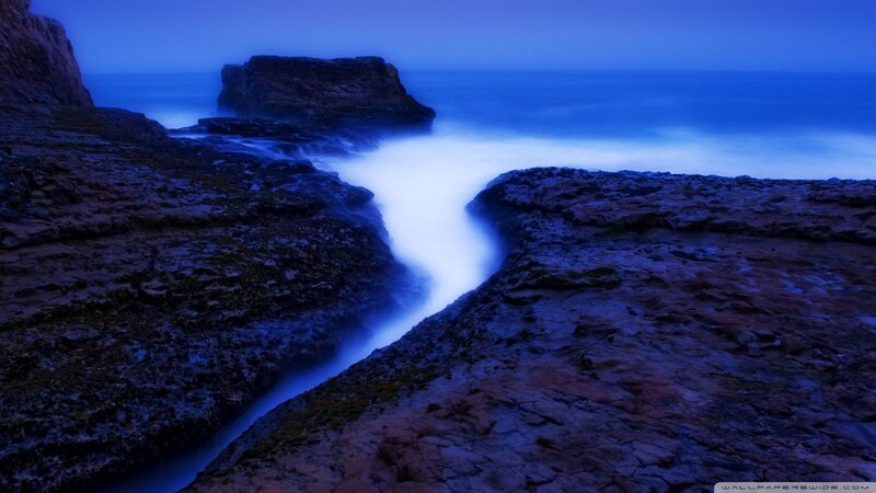 Rocky Coastline at Dusk — Blue, Serene, Night, Photograph, Ocean