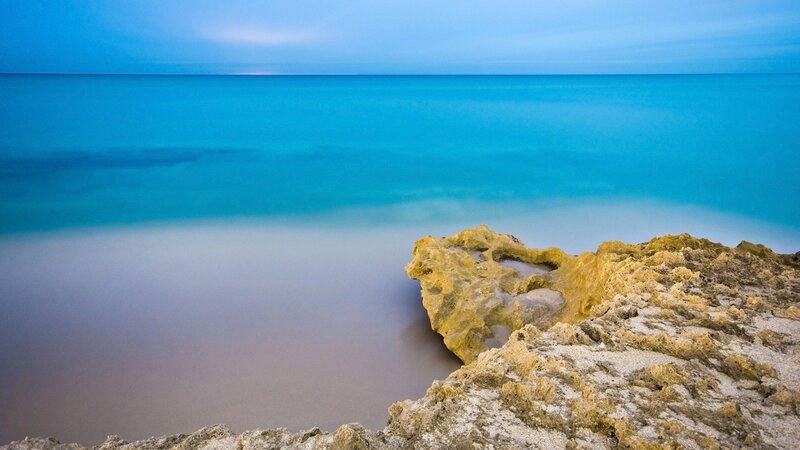 Rocky Coastline at Dusk — Blue, Serene, Photograph, Ocean, Sky, Rocks