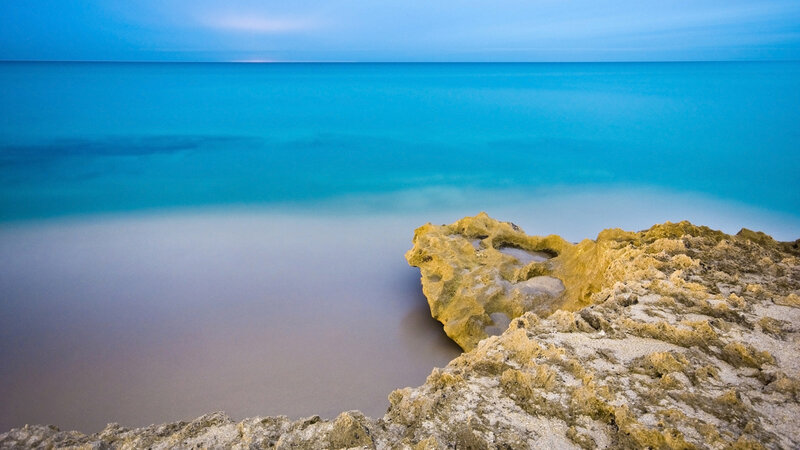 Rocky Coastline at Dusk — Blue, Serene, Photograph, Ocean, Sky