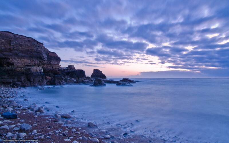 Rocky Coastline at Dusk — Blue, Serene, Photograph, Rocks, Sea, Clouds