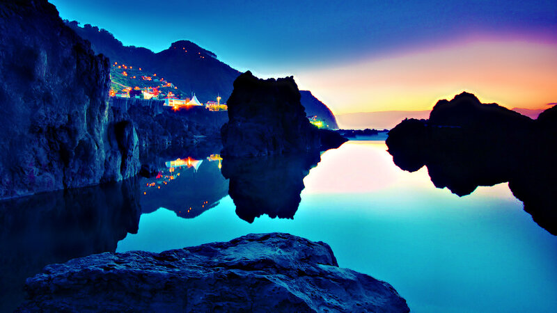 Rocky Coastline at Dusk — Blue, Serene, Sunset, Photograph, Mountain