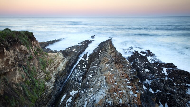Rocky Coastline at Dusk — Blue, Serene, Sunset, Photograph, Ocean, Cliff, Sky