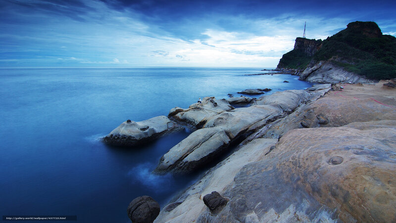 Rocky Coastline at Dusk — Blue, Serene, Sunset, Photograph, Ocean, Cliff