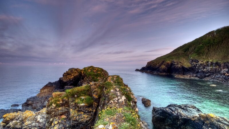 Rocky Coastline at Dusk — Blue, Serene, Sunset, Photograph, Ocean, Sky, Cliffs