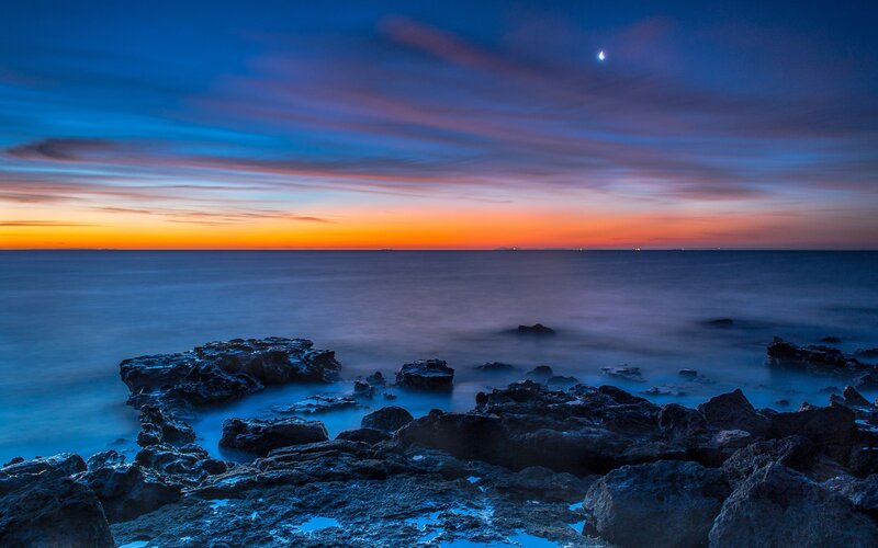 Rocky Coastline at Dusk — Blue, Serene, Sunset, Photograph, Ocean, Sky