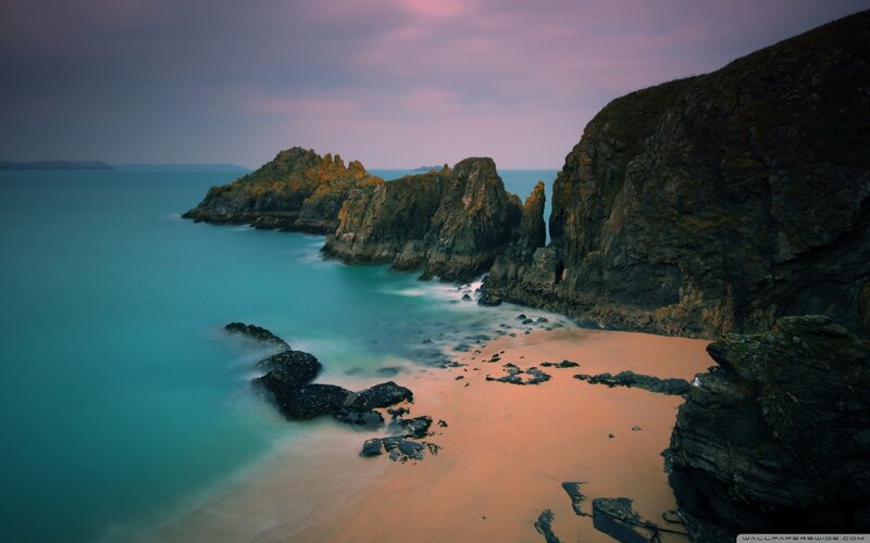 Rocky Coastline at Dusk — Blue, Serene, Sunset, Photograph, Ocean