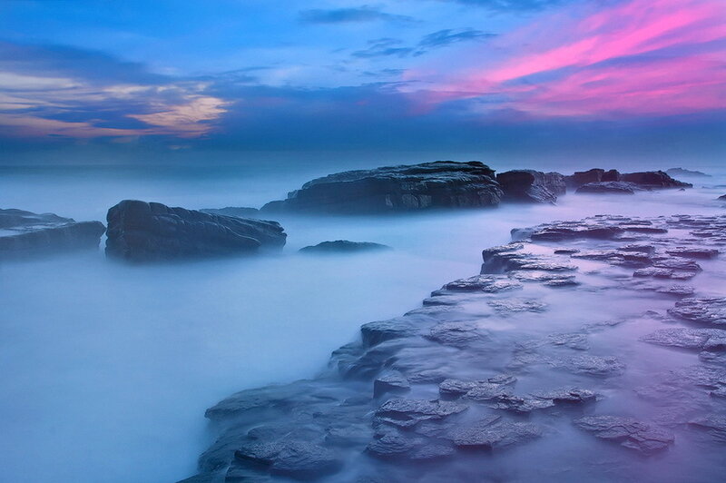 Rocky Coastline at Dusk — Blue, Serene, Sunset