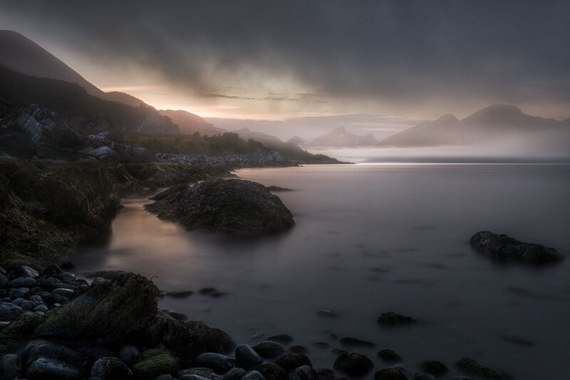 Rocky Coastline at Dusk — Gray, Dramatic, Sunset, Photograph, Mountains