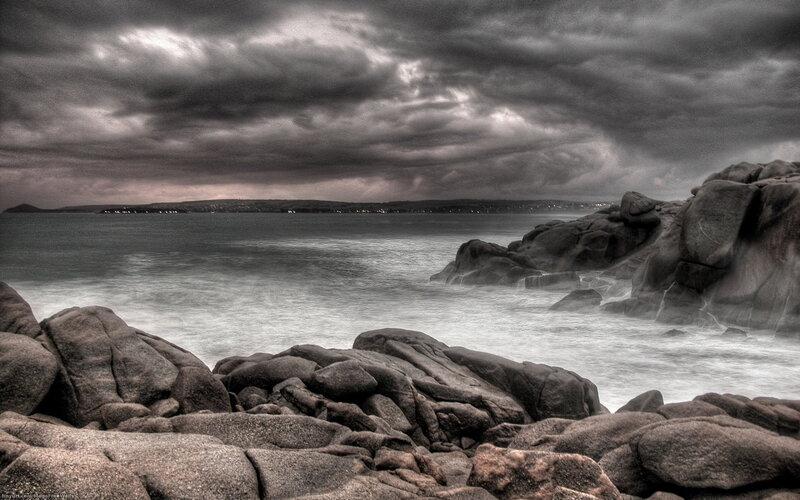 Rocky Coastline at Dusk — Gray, Dramatic