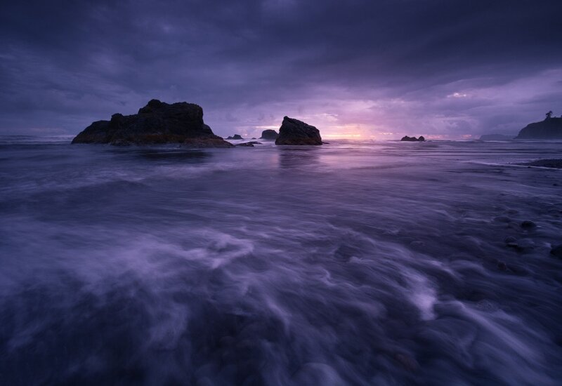 Rocky Coastline at Dusk — Purple, Dramatic, Sunset, Photograph, Rocks, Ocean