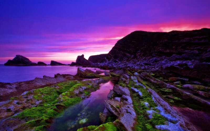 Rocky Coastline at Dusk — Purple, Dramatic, Sunset, Photograph, Rocks