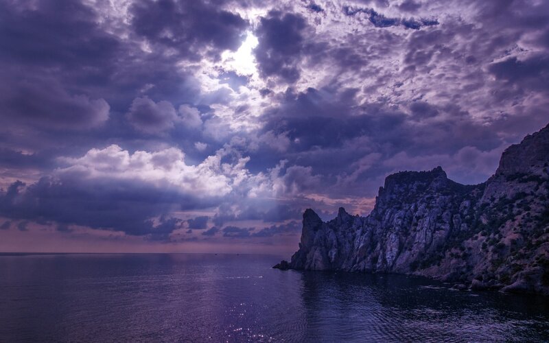 Rocky Coastline at Dusk — Purple, Dramatic, Sunset, Photograph, Sea