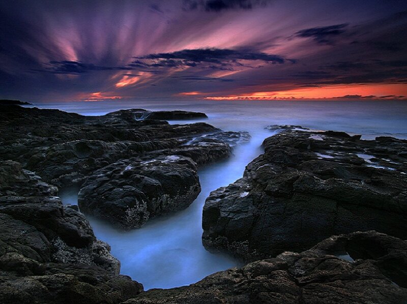 Rocky Coastline at Dusk — Purple, Dramatic, Sunset, Photograph