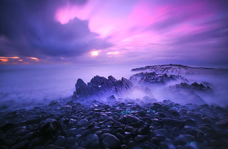 Rocky Coastline at Dusk — Purple, Dramatic, Sunset